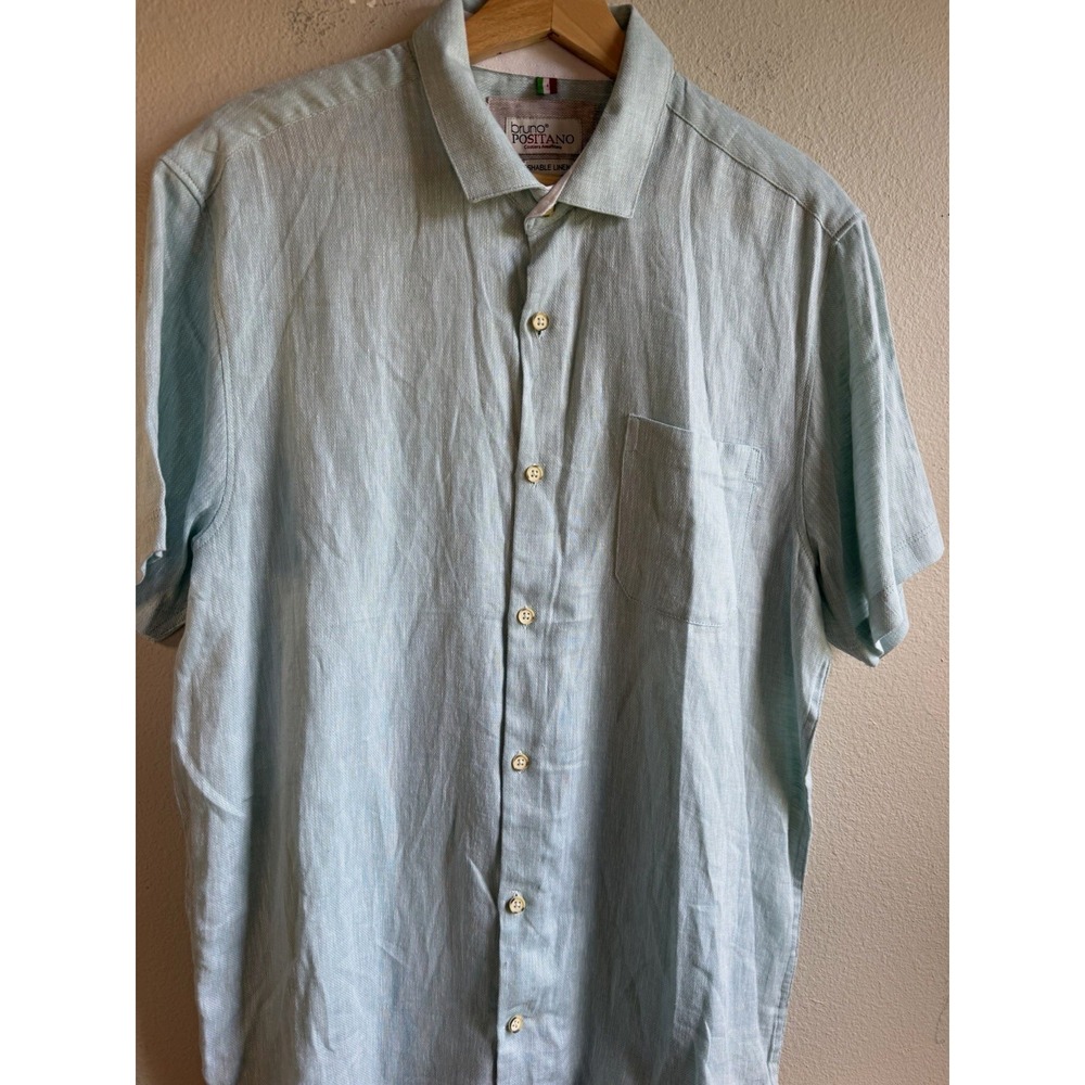 NWT Bruno Mens M Light Blue Linen Rayon Button Up Shirt Short Sleeve Pockets